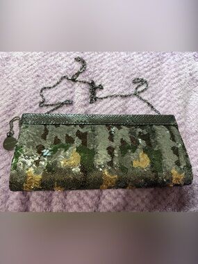 Big Buddha Sequin Camo Convertible Clutch - Green/Gold. Mint Condition!